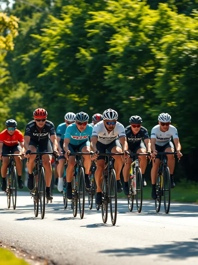 Action shot of cyclists competing in a road race, focusing on the intensity and speed of the event. The VCCM logo is subtly visible on the cyclists' jerseys.