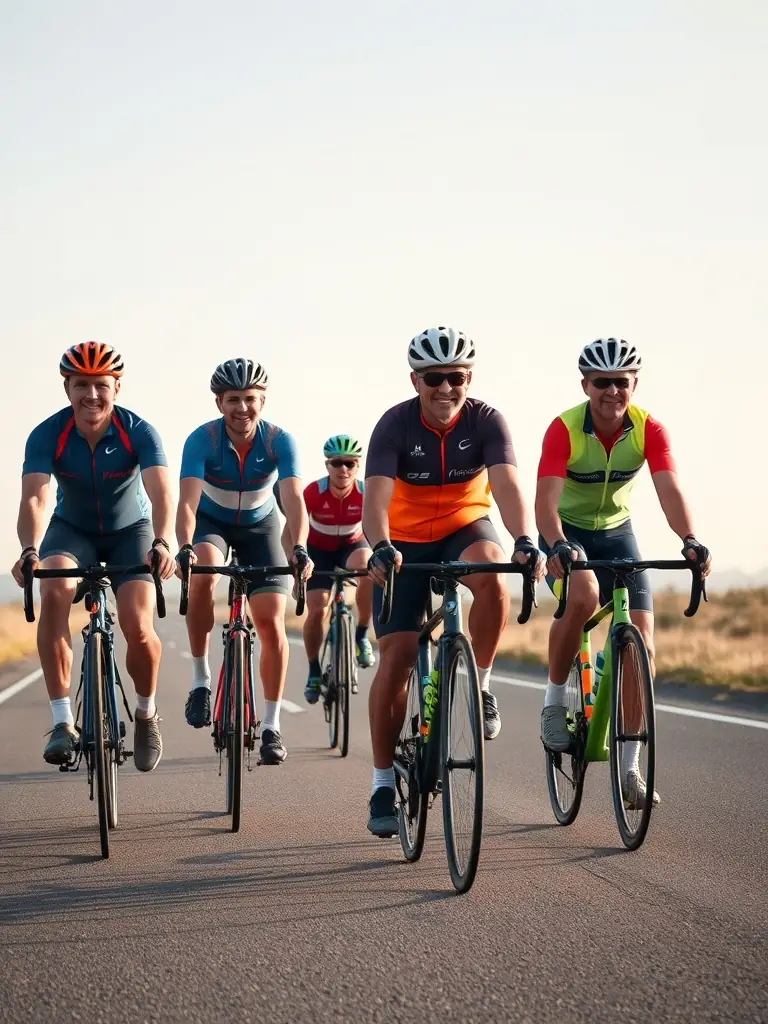 Image of cyclists participating in a group training session, emphasizing teamwork and skill development. The session is led by a certified coach.