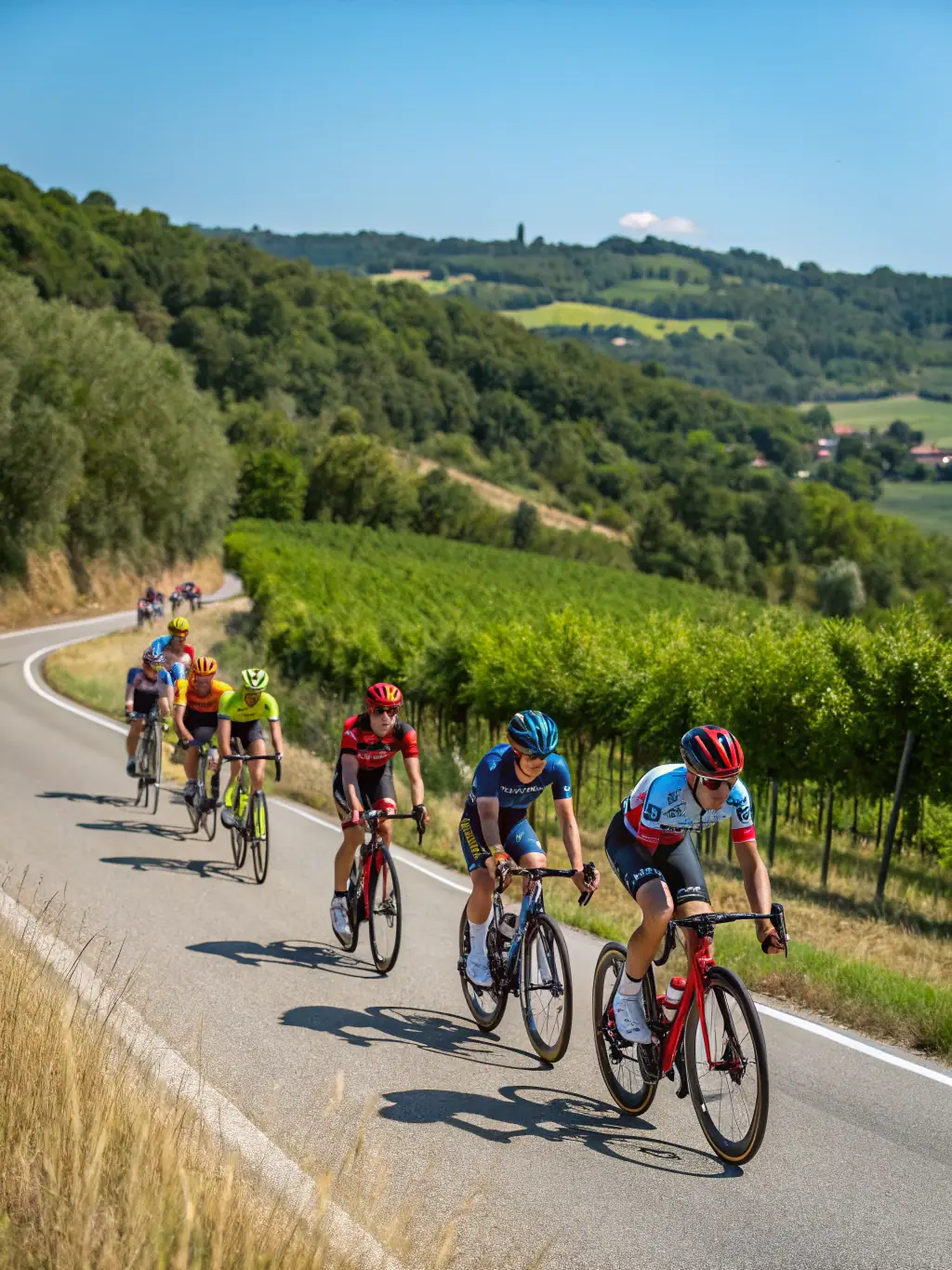 A group of cyclists participating in a road race, wearing VCCM jerseys, showcasing the competitive aspect of the club.