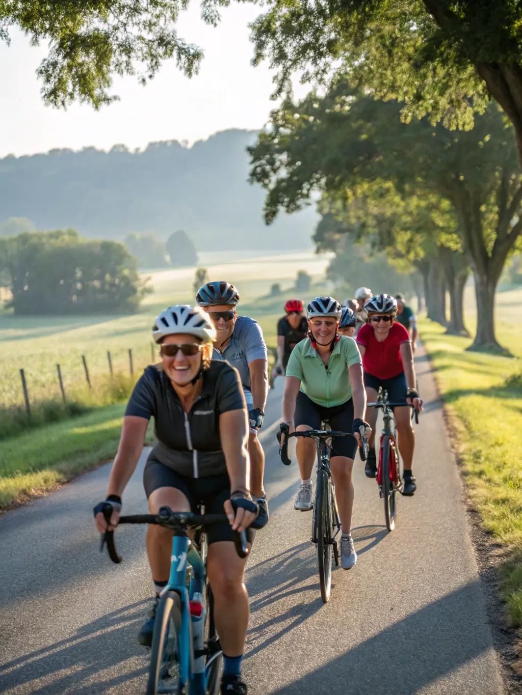A group of VCCM members cycling together on a sunny day, showcasing the camaraderie and teamwork within the club.