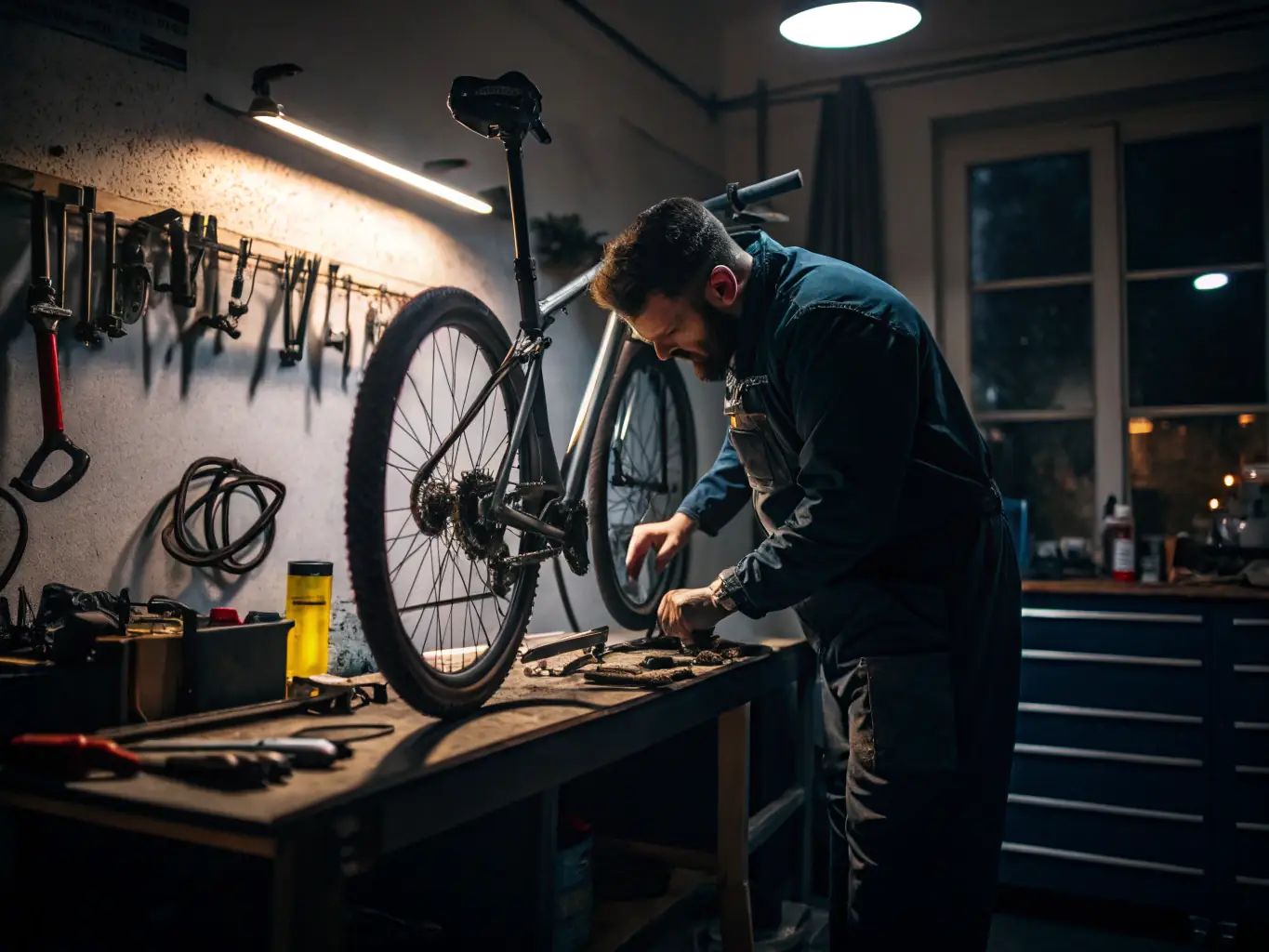 A workshop session where experienced cyclists are demonstrating bike maintenance techniques to new members.